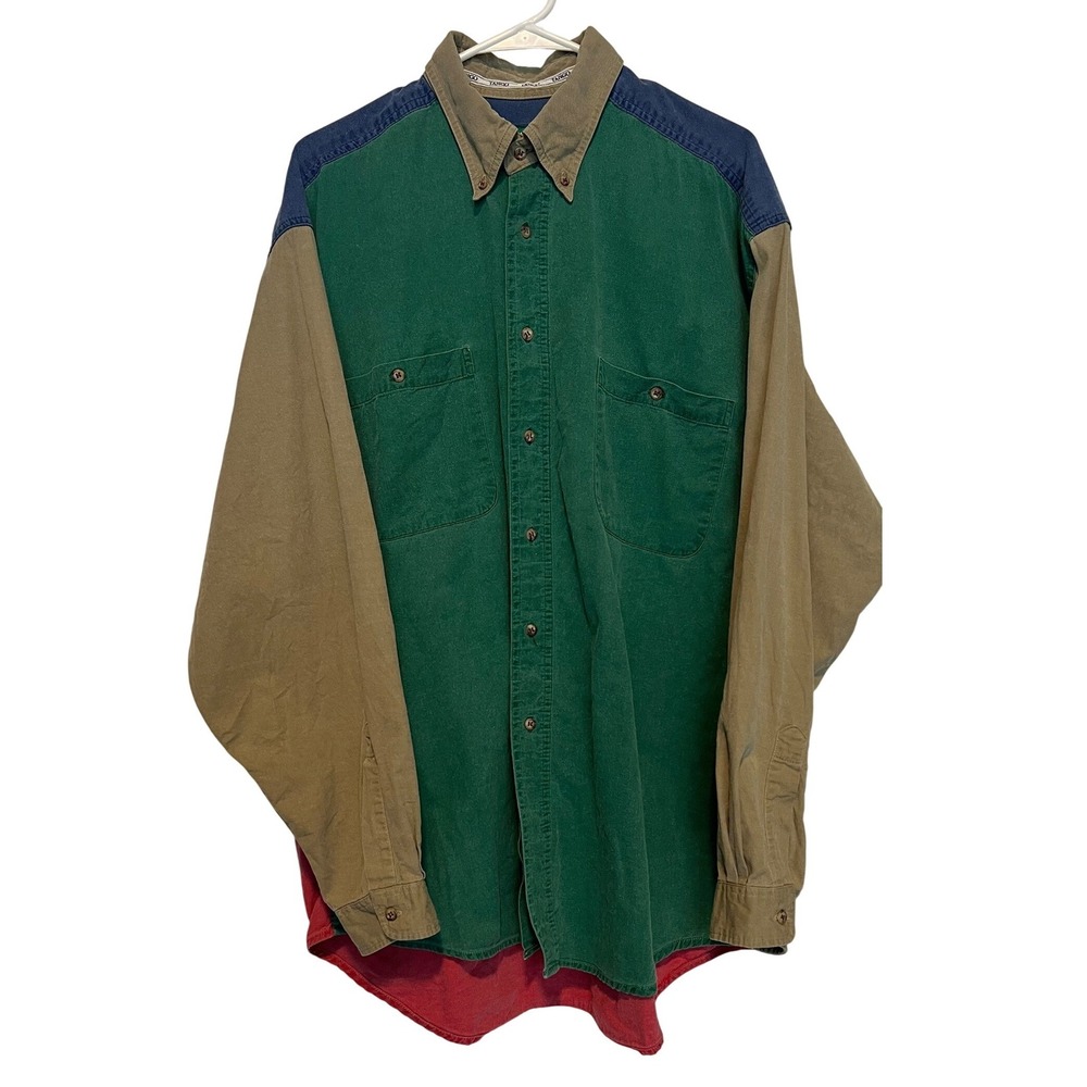 Vtg Tango by Max Raab Mens XL Button‎ Down Shirt Colorblock Green Red Khaki 90's